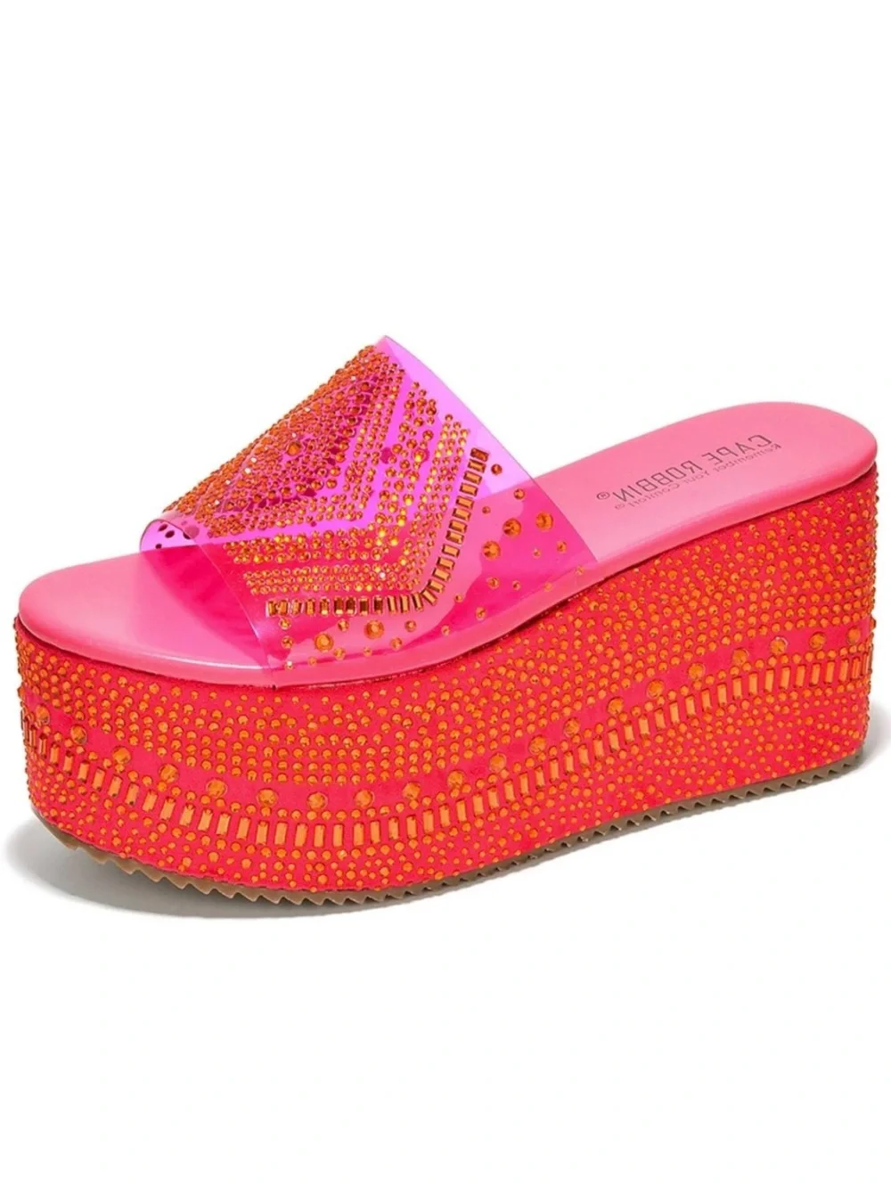 Women’s Platform Slide Sandals in Hot Pink with Crystal Embellishment